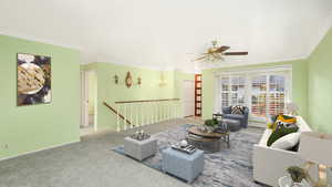 Carpeted living room featuring ceiling fan and ornamental molding - Virtual staging