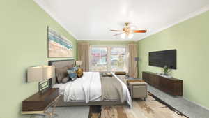 Carpeted bedroom with ceiling fan and ornamental molding - Virtual staging