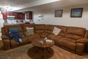 Carpeted living room featuring a textured ceiling