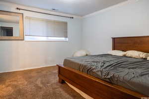 Bedroom featuring carpet flooring and ornamental molding