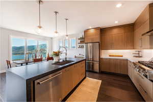 Kitchen featuring stainless steel appliances, a kitchen island with sink, dark wood-type flooring, sink, and a water and mountain view