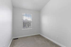 Carpeted spare room featuring vaulted ceiling