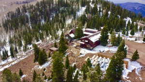 Snowy aerial view with a mountain view