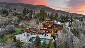 Aerial view at dusk with a mountain view