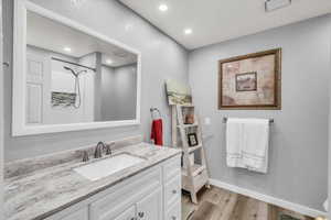 Bathroom with a shower, hardwood / wood-style floors, and vanity