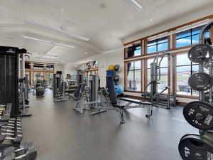 Gym with lofted ceiling