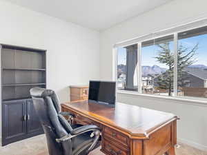 Office space featuring plenty of natural light and light carpet