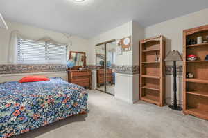 Carpeted bedroom with a textured ceiling and a closet