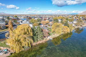 Bird's eye view featuring a water and mountain view