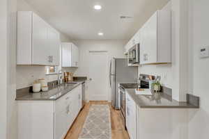 Kitchen featuring sink, white cabinets, light wood-type flooring, and appliances with stainless steel finishes