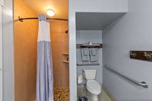 Bathroom with a shower with shower curtain and toilet