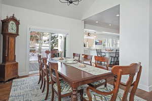 Dining room featuring lofted ceiling, plenty of natural light, and dark hardwood / wood-style floors