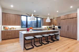 Kitchen featuring decorative light fixtures, light wood-type flooring, double oven, a large island, and a kitchen bar