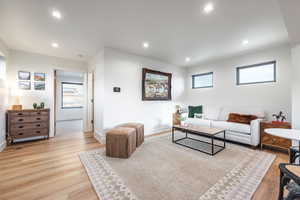 Living room with a healthy amount of sunlight and light hardwood / wood-style floors