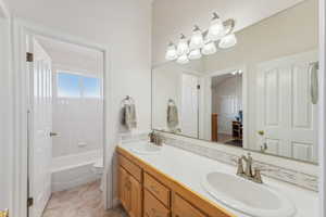 Bathroom featuring vanity and shower / bathtub combination