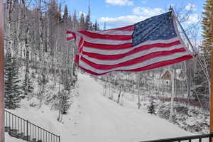 Front porch view looking down the driveway to the road.