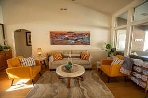 Living room featuring high vaulted ceiling and wood-type flooring