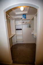 Walk in closet with dark colored carpet and a raised ceiling