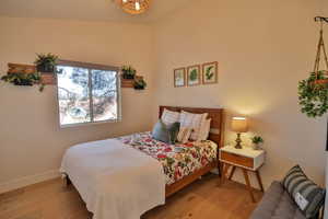 Bedroom featuring wood-type flooring and lofted ceiling