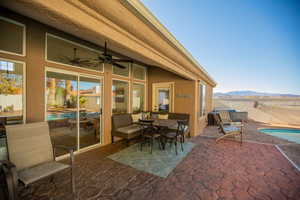 View of patio featuring a mountain view