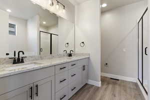 Bathroom with vanity, hardwood / wood-style flooring, and walk in shower