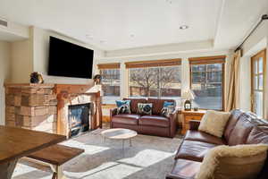 Living room with plenty of natural light and a fireplace