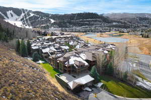 Drone / aerial view featuring a water and mountain view