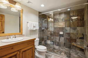 Bathroom with vanity, a shower with shower door, and toilet