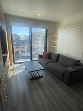 Living room featuring plenty of natural light and dark hardwood / wood-style flooring