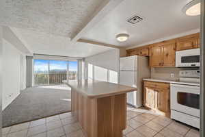 Kitchen with a textured ceiling, white appliances, and light colored carpet