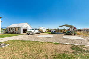 View of yard featuring a garage