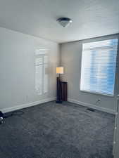 Carpeted spare room with a textured ceiling