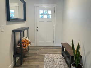 Entrance foyer with dark hardwood / wood-style flooring