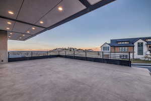 View of front patio terrace at dusk