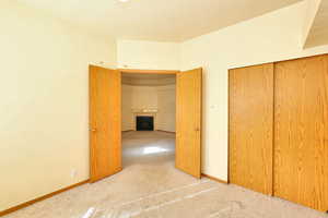 Unfurnished bedroom with carpet floors and a closet