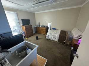 Bedroom featuring carpet flooring and ornamental molding