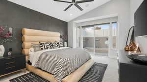 Master bedroom with ceiling fan, light colored carpet, lofted ceiling, and access to outside