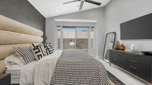 Carpeted bedroom with access to exterior, vaulted ceiling, and ceiling fan