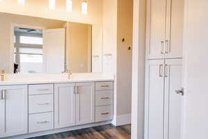 Bathroom featuring hardwood / wood-style floors and vanity