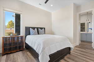 Bedroom with ceiling fan, ensuite bathroom, multiple windows, and wood-type flooring