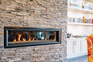 Details featuring a fireplace and wood-type flooring