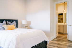 Bedroom with light wood-type flooring and ensuite bath