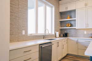 Kitchen with backsplash, dark hardwood / wood-style flooring, sink, and stainless steel dishwasher