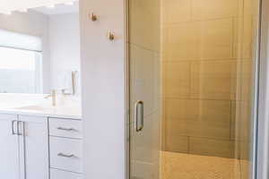 Bathroom with vanity and a shower with door