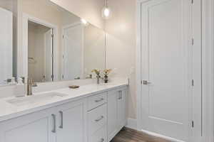 Bathroom with wood-type flooring and vanity