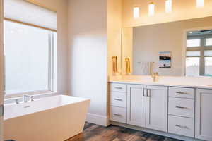 Bathroom featuring wood-type flooring, vanity, and a bathing tub