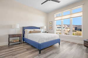 Bedroom with a mountain view, ceiling fan, and hardwood / wood-style floors