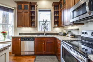 Kitchen featuring a healthy amount of sunlight, stainless steel appliances, and dark wood-type flooring