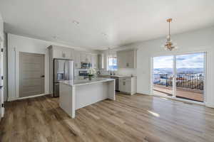 Kitchen with pendant lighting, sink, light wood-type flooring, and stainless steel appliances