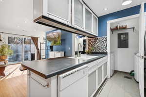 Kitchen with white cabinetry, sink, tasteful backsplash, electric panel, and white dishwasher